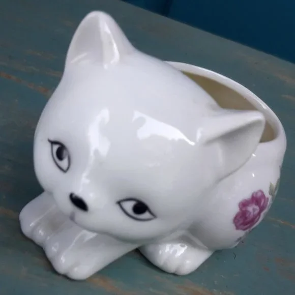 Vintage Ceramic Cat Planter Porcelain Cat Dish Candle Bowl Japan Flowers - Picture 3 of 16